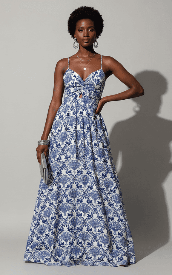 サイドスプリット付きのイブニングリゾートウェア用ブラックストラップレストロピカルプリントハイローマキシドレス