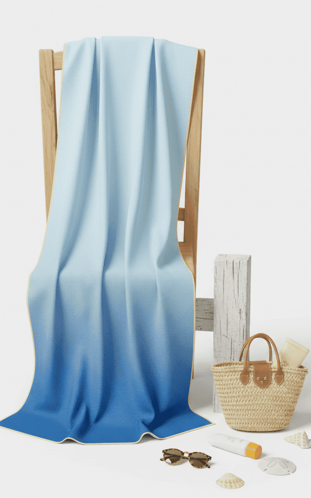 垂直グラデーションフェード効果付きディープブルーからライトブルーのオンブレマイクロファイバータオル