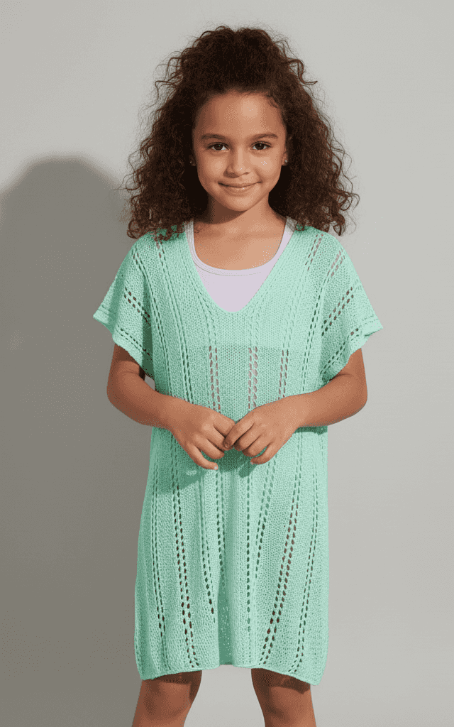 プールとビーチウェア用のリラックスフィット付き女の子用ミントグリーンオープンニットチュニックカバーアップ