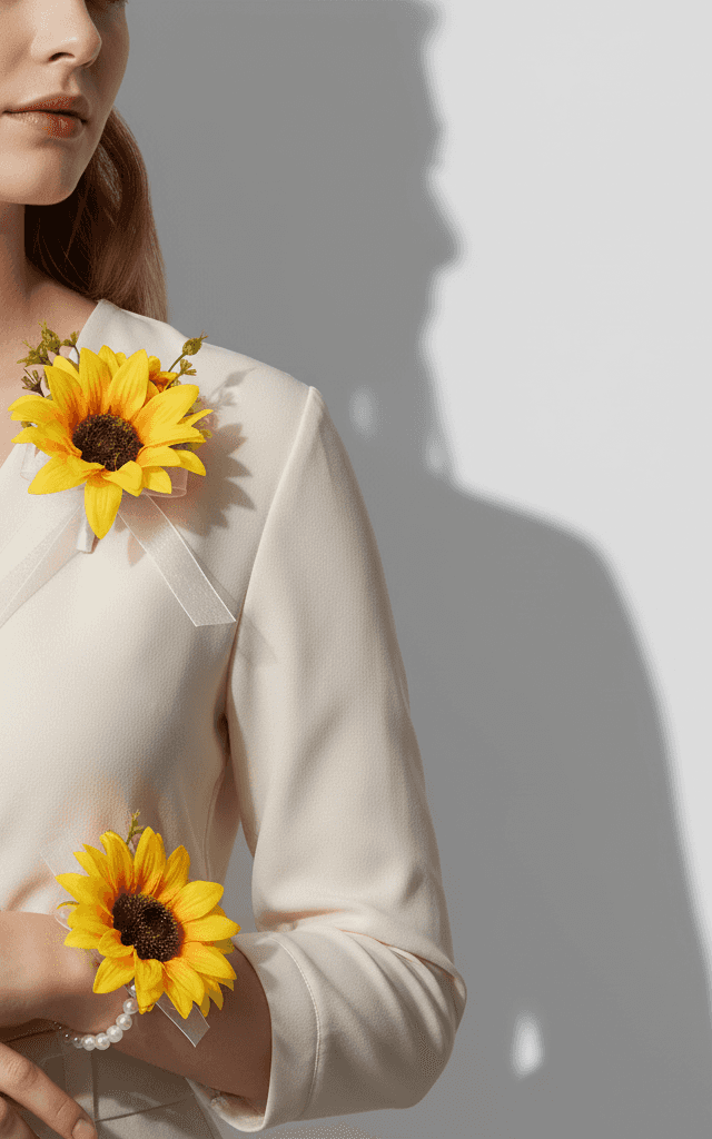 バイブラントヒマワリコサージュとブートニアセット、パールブレスレットとシアーホワイトリボン付き