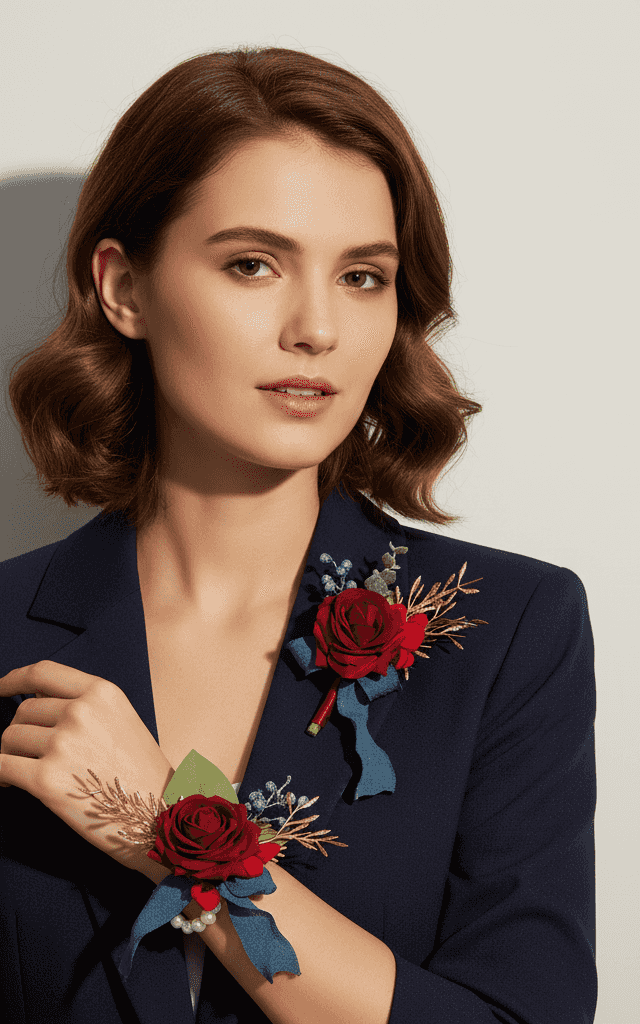 サンセットオレンジとクリームローズウェディングコサージュセット、イエローアクセント付き秋のお祝い用