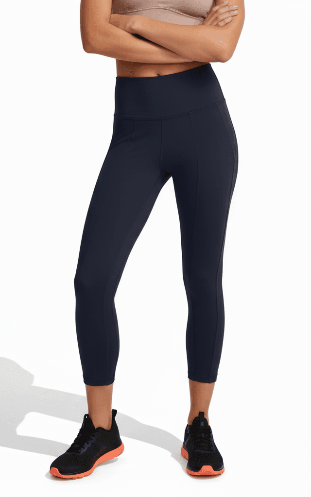 ネイビーブルー7/8レングスクロップドタイツ スムーズなフラットロックシーム付き