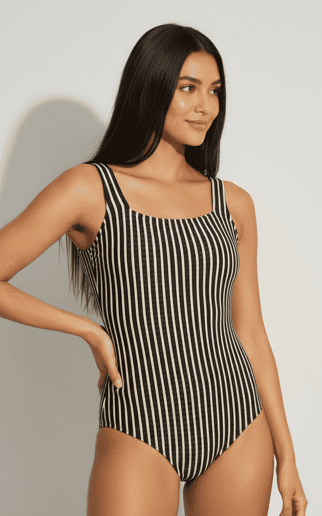 厚いストラップとレトロスタイリング付きブラックとクリーム縦縞スクエアネックマイヨー