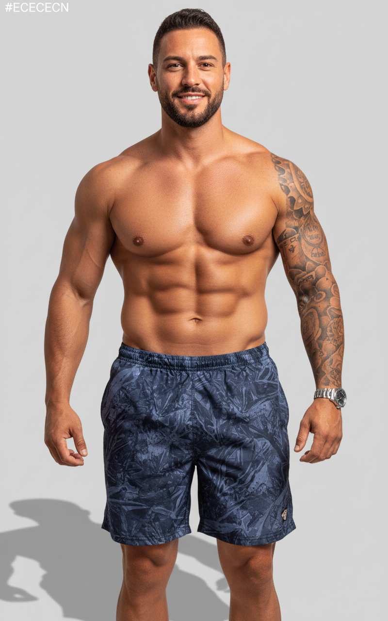 メンズネイビーシャドウプリント付きタンスルーボードショーツ。